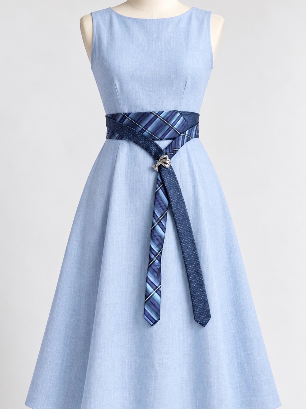 Vintage Silk Necktie Belt Blue Plaid Hidden Pocket Adjustable OOAK Empowered